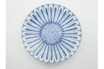 明治から大正期　染付　直径約17cm(5.4寸)　のびやかな菊花文が美しい中皿2枚セット　(R-088284)