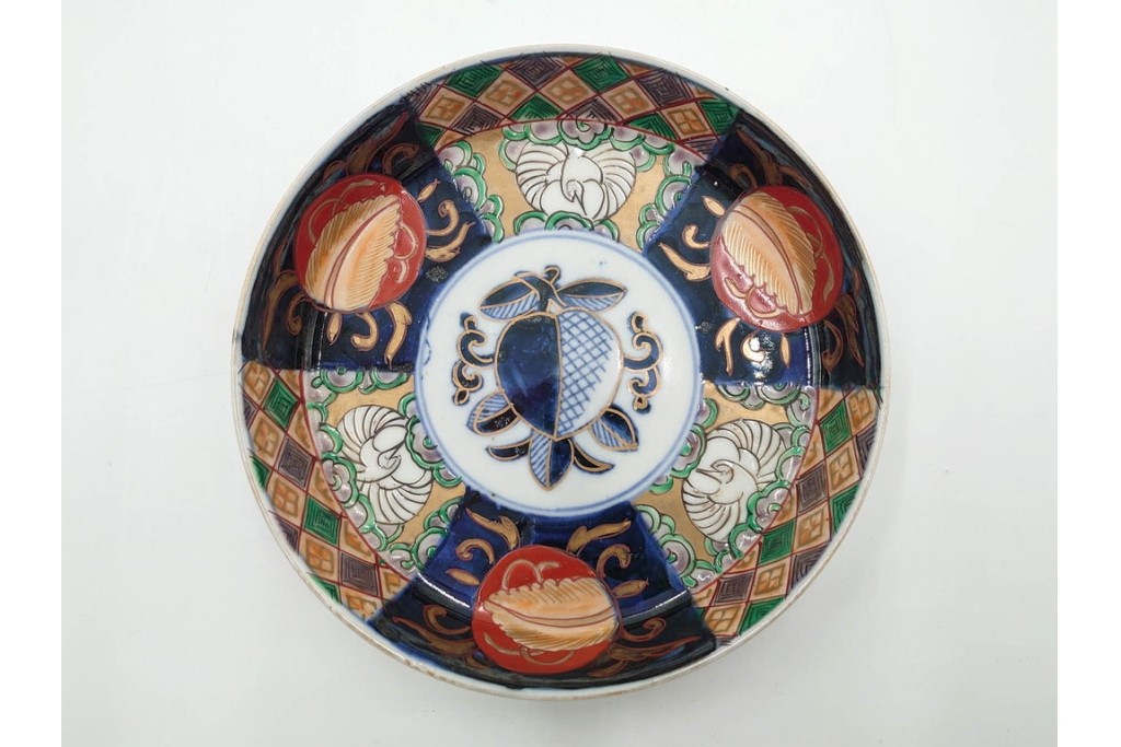 幕末から明治期　伊万里　在銘(角富)　錦手・金襴手　直径約16cm(5.1寸)　煌びやかな絵付けが魅力の中皿5枚セット　(R-088285)