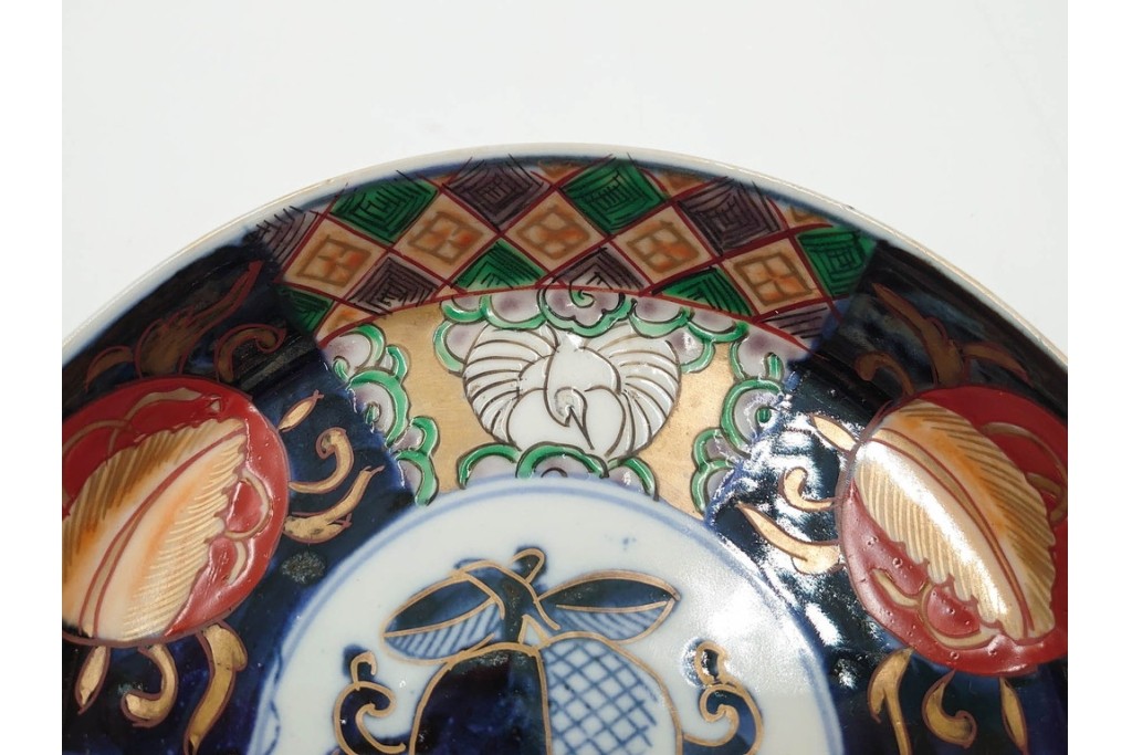 幕末から明治期　伊万里　在銘(角富)　錦手・金襴手　直径約16cm(5.1寸)　煌びやかな絵付けが魅力の中皿5枚セット　(R-088285)