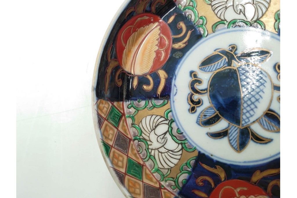幕末から明治期　伊万里　在銘(角富)　錦手・金襴手　直径約16cm(5.1寸)　煌びやかな絵付けが魅力の中皿5枚セット　(R-088285)