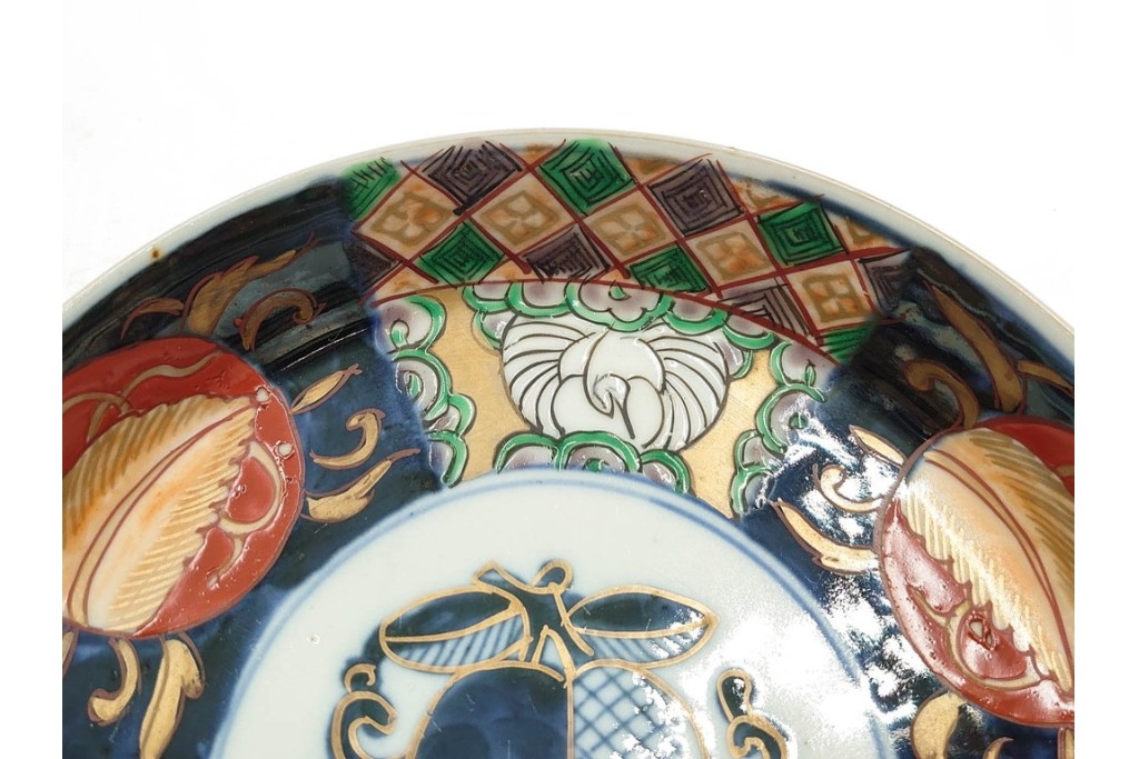 幕末から明治期　伊万里　在銘(角富)　錦手・金襴手　直径約16cm(5.1寸)　煌びやかな絵付けが魅力の中皿5枚セット　(R-088286)