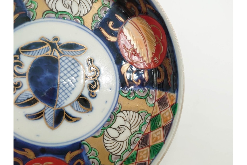 幕末から明治期　伊万里　在銘(角富)　錦手・金襴手　直径約16cm(5.1寸)　煌びやかな絵付けが魅力の中皿5枚セット　(R-088286)