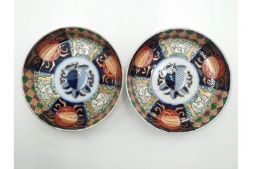 幕末から明治期　伊万里　在銘(角富)　錦手・金襴手　直径約16cm(5.1寸)　煌びやかな絵付けが魅力の中皿5枚セット　(R-088286)