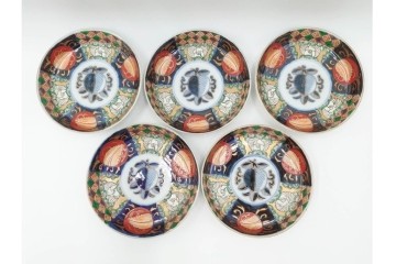 幕末から明治期　伊万里　在銘(角富)　錦手・金襴手　直径約16cm(5.1寸)　煌びやかな絵付けが魅力の中皿5枚セット　(R-088287)