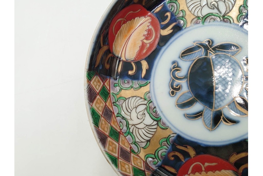 幕末から明治期　伊万里　在銘(角富)　錦手・金襴手　直径約16cm(5.1寸)　煌びやかな絵付けが魅力の中皿5枚セット　(R-088287)
