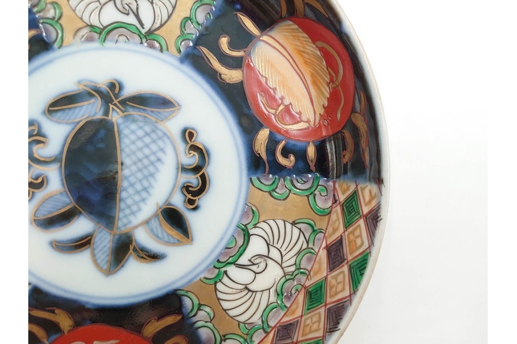 幕末から明治期　伊万里　在銘(角富)　錦手・金襴手　直径約16cm(5.1寸)　煌びやかな絵付けが魅力の中皿5枚セット　(R-088287)