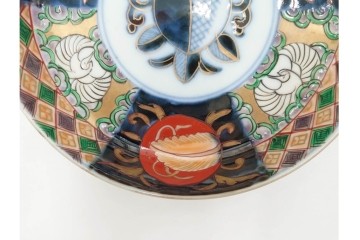 幕末から明治期　伊万里　在銘(角富)　錦手・金襴手　直径約16cm(5.1寸)　煌びやかな絵付けが魅力の中皿5枚セット　(R-088287)