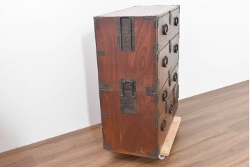 和製アンティーク　上手物　杢目の良い三方欅(ケヤキ)材の関東時代箪笥　(R-088319)
