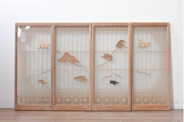ヴィンテージ建具　昭和後期　両面ガラス　松竹梅と鶴亀が描かれた縁起の良い組子入り書院戸4枚セット　(R-088362)
