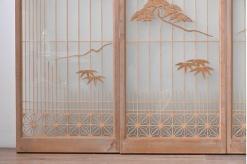 ヴィンテージ建具　昭和後期　両面ガラス　松竹梅と鶴亀が描かれた縁起の良い組子入り書院戸4枚セット　(R-088362)
