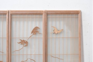 ヴィンテージ建具　昭和後期　両面ガラス　松竹梅と鶴亀が描かれた縁起の良い組子入り書院戸4枚セット　(R-088362)