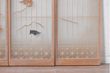 ヴィンテージ建具　昭和後期　両面ガラス　松竹梅と鶴亀が描かれた縁起の良い組子入り書院戸4枚セット　(R-088362)