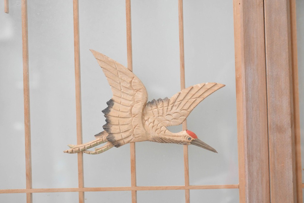 ヴィンテージ建具　昭和後期　両面ガラス　松竹梅と鶴亀が描かれた縁起の良い組子入り書院戸4枚セット　(R-088362)