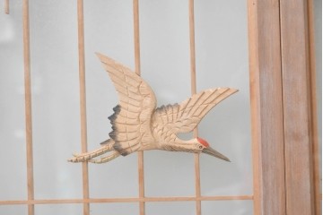 ヴィンテージ建具　昭和後期　両面ガラス　松竹梅と鶴亀が描かれた縁起の良い組子入り書院戸4枚セット　(R-088362)