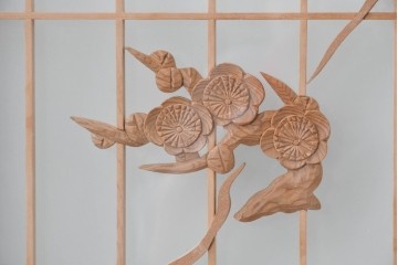 ヴィンテージ建具　昭和後期　両面ガラス　松竹梅と鶴亀が描かれた縁起の良い組子入り書院戸4枚セット　(R-088362)