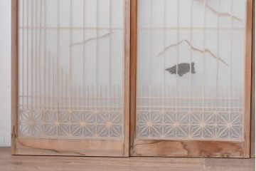 ヴィンテージ建具　昭和後期　両面ガラス　松竹梅と鶴亀が描かれた縁起の良い組子入り書院戸4枚セット　(R-088362)