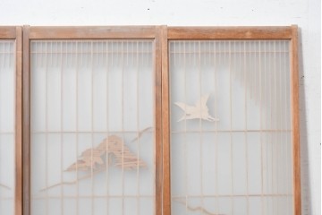 ヴィンテージ建具　昭和後期　両面ガラス　松竹梅と鶴亀が描かれた縁起の良い組子入り書院戸4枚セット　(R-088362)