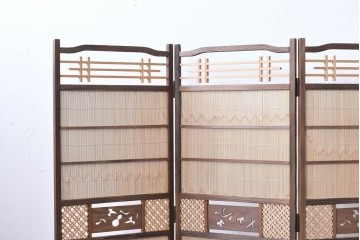 和製ヴィンテージ　美品　格子と透かし彫りが目を引く4連衝立て　(R-088368)