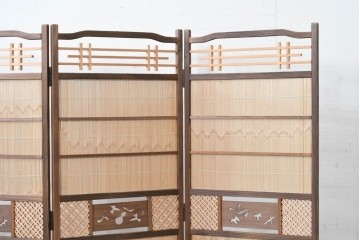 和製ヴィンテージ　美品　格子と透かし彫りが目を引く4連衝立て　(R-088368)