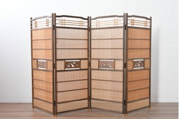 和製ヴィンテージ　美品　格子と透かし彫りが目を引く4連衝立て　(R-088368)