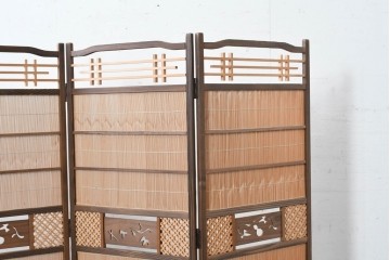 和製ヴィンテージ　美品　格子と透かし彫りが目を引く4連衝立て　(R-088368)
