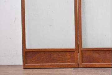 和製ヴィンテージ　総欅(ケヤキ)材　紋様ガラスが空間を趣深く彩る3連衝立て　(R-088369)