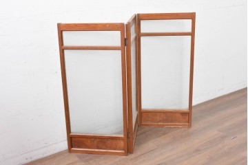 和製ヴィンテージ　総欅(ケヤキ)材　紋様ガラスが空間を趣深く彩る3連衝立て　(R-088369)