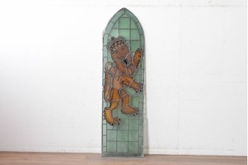 アンティーク建具　イギリス国章　鮮やかなエナメル絵付けで描かれた王冠を被ったライオンのステンドグラス窓1枚　(R-088388)