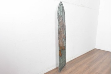 アンティーク建具　イギリス国章　鮮やかなエナメル絵付けで描かれた王冠を被ったライオンのステンドグラス窓1枚　(R-088388)
