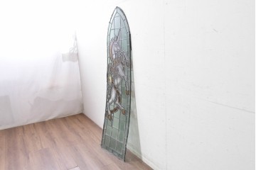 アンティーク建具　イギリス国章　鮮やかなエナメル絵付けで描かれた鎖につながれたユニコーンのステンドグラス窓1枚　(R-088389)