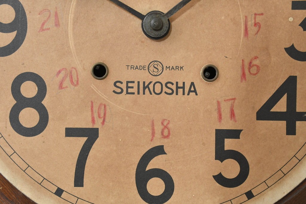 和製アンティーク　精工舎(SEIKOSHA、セイコー)　TRADE(S)MARK　レトロな木枠の丸型柱時計　(R-088414)
