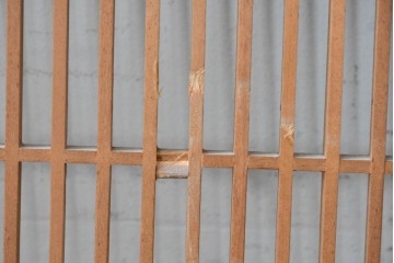 ヴィンテージ建具　昭和後期　松の木に鷹　縦繁格子と彫刻の欄間2枚セット　(R-088462)