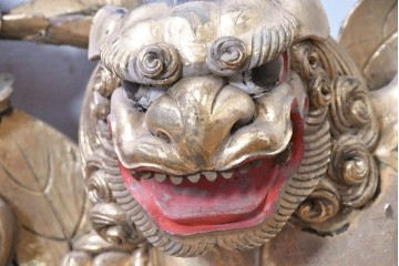 アンティーク建具　江戸から明治期　獅子と牡丹　寺社仏閣で使われていた木彫りの欄間1枚　(R-088476)
