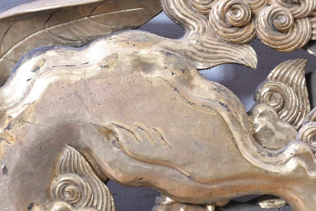 アンティーク建具　江戸から明治期　獅子と牡丹　寺社仏閣で使われていた木彫りの欄間1枚　(R-088476)