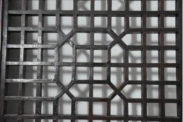 アジアンヴィンテージ　中国　重厚感のある彫刻入り格子扉1対　(R-088486)