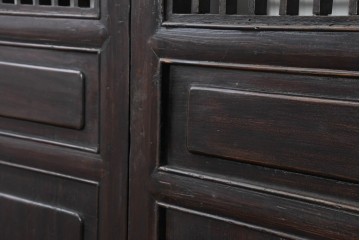 アジアンヴィンテージ　中国　重厚感のある彫刻入り格子扉1対　(R-088486)