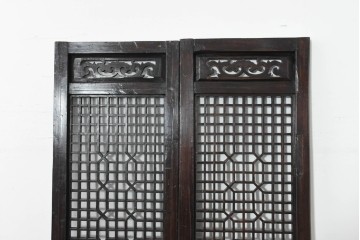 アジアンヴィンテージ　中国　重厚感のある彫刻入り格子扉1対　(R-088486)