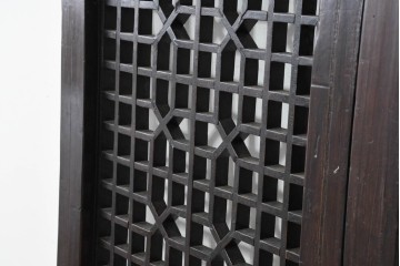 アジアンヴィンテージ　中国　重厚感のある彫刻入り格子扉1対　(R-088486)