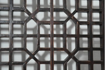 アジアンヴィンテージ　中国　重厚感のある彫刻入り格子扉1対　(R-088486)