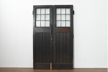 アンティーク建具　フランス　オーク材　水面のようなステンドグラスが印象的な両開きドア2枚(1対)セット　(R-088487)