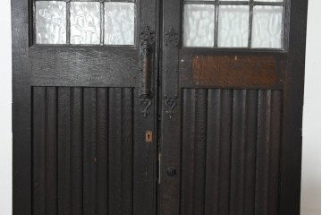 アンティーク建具　フランス　オーク材　水面のようなステンドグラスが印象的な両開きドア2枚(1対)セット　(R-088487)