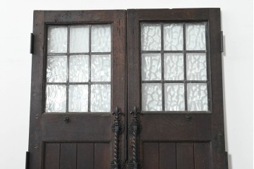 アンティーク建具　フランス　オーク材　水面のようなステンドグラスが印象的な両開きドア2枚(1対)セット　(R-088487)