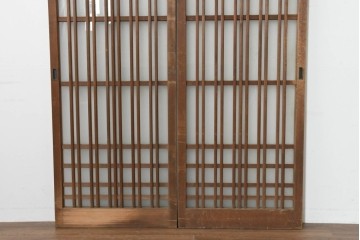 ヴィンテージ建具　昭和中期　幅狭　端正な縦格子のガラス入り玄関戸2枚セット　(R-088490)