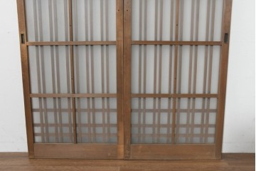 ヴィンテージ建具　昭和中期　幅狭　端正な縦格子のガラス入り玄関戸2枚セット　(R-088490)