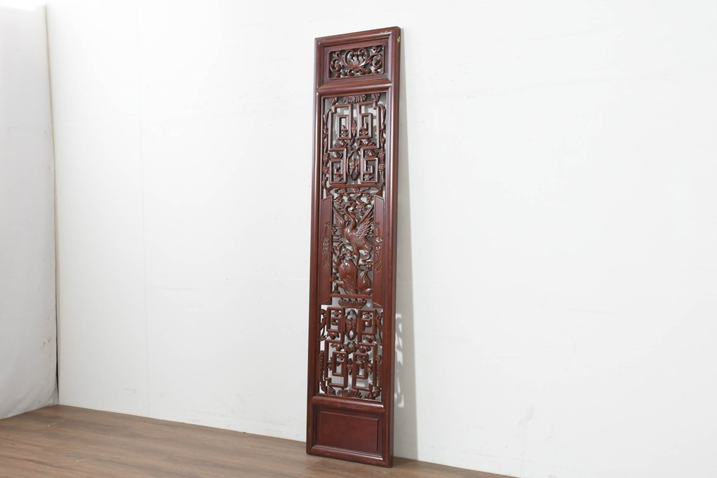 中古建具　中国　鶴の彫刻がめでたいオリエンタルな中国格子1枚　(R-088511)