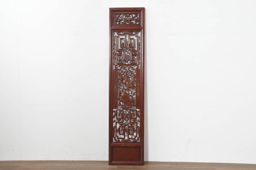 中古建具　中国　鶴の彫刻がめでたいオリエンタルな中国格子1枚　(R-088511)