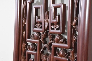 中古建具　中国　鶴の彫刻がめでたいオリエンタルな中国格子1枚　(R-088511)