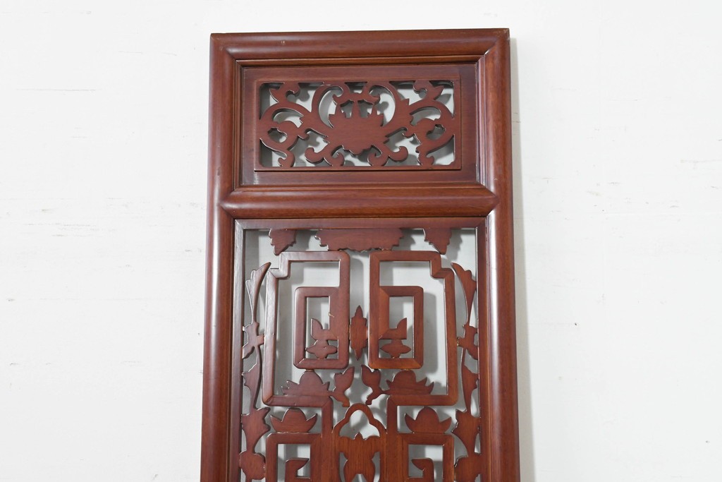 中古建具　中国　鶴の彫刻がめでたいオリエンタルな中国格子1枚　(R-088511)