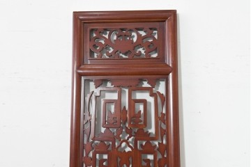 中古建具　中国　鶴の彫刻がめでたいオリエンタルな中国格子1枚　(R-088511)