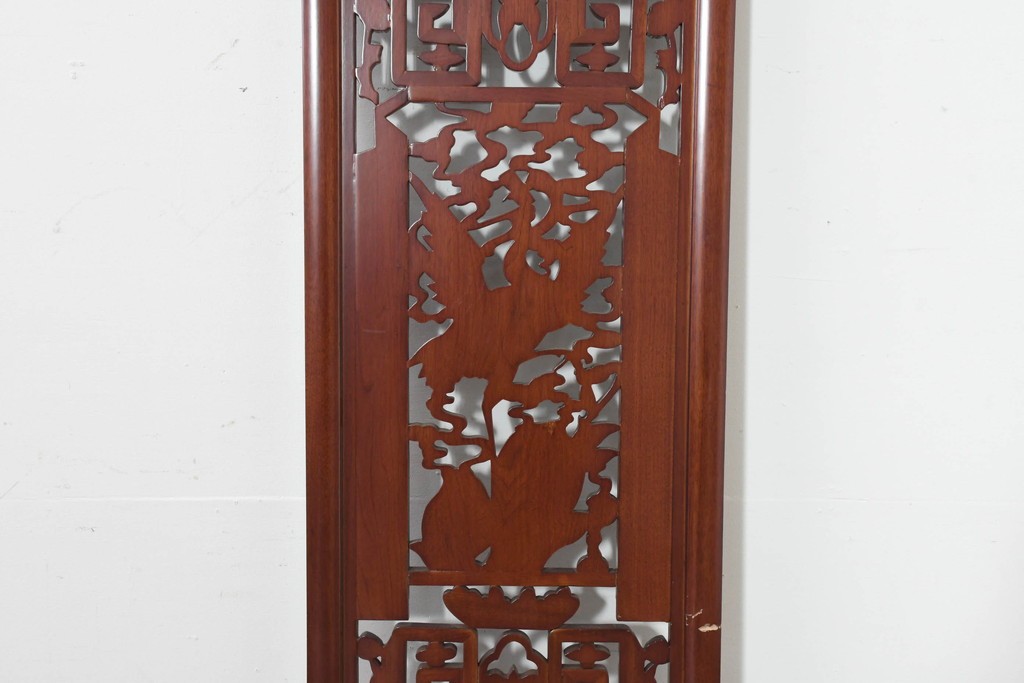 中古建具　中国　鶴の彫刻がめでたいオリエンタルな中国格子1枚　(R-088511)